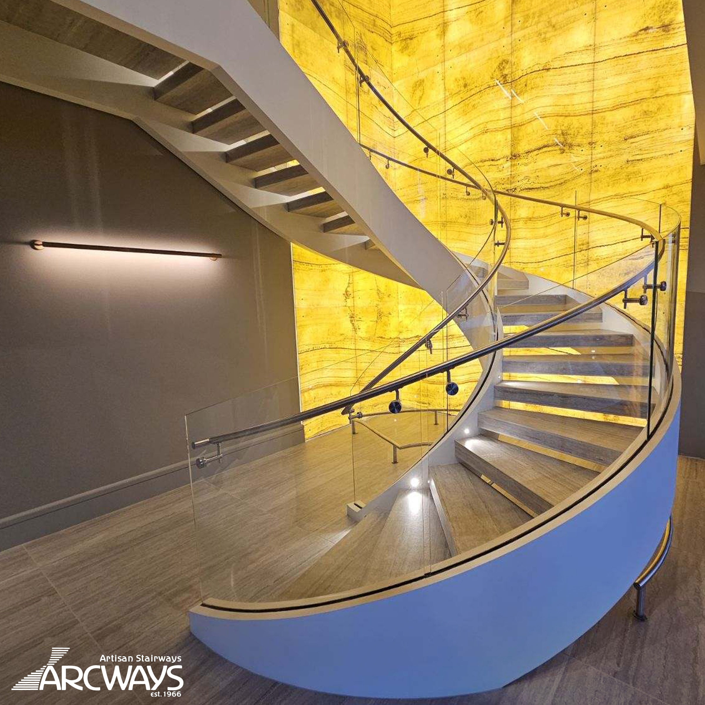 Arcways Commercial Stairway | Modern, Floating Curved Stair with Glass and Stone | Atlanta, GA