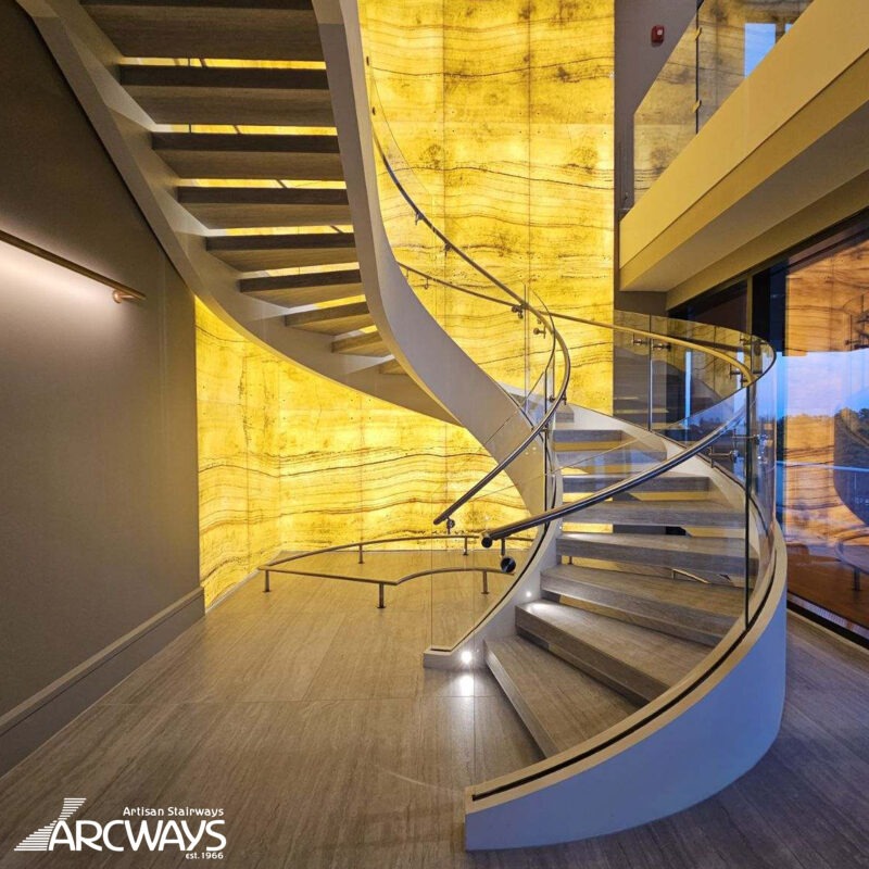 Arcways Commercial Stairway | Modern, Floating Curved Stair with Glass and Stone | Atlanta, GA
