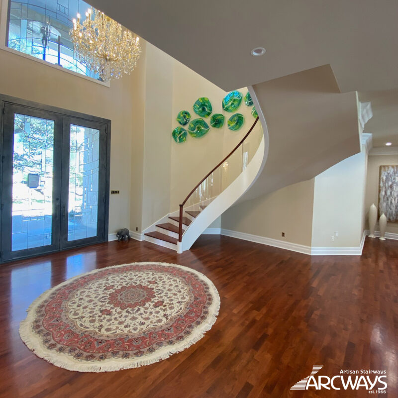 Transitional Curved Staircase with Glass Balustrade | Texas