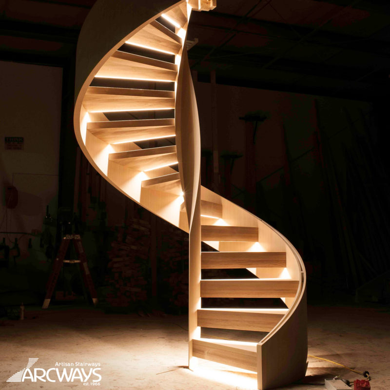 Modern Design Helical Staircase in Vertical Grain Rift White Oak with Integrated Lighting