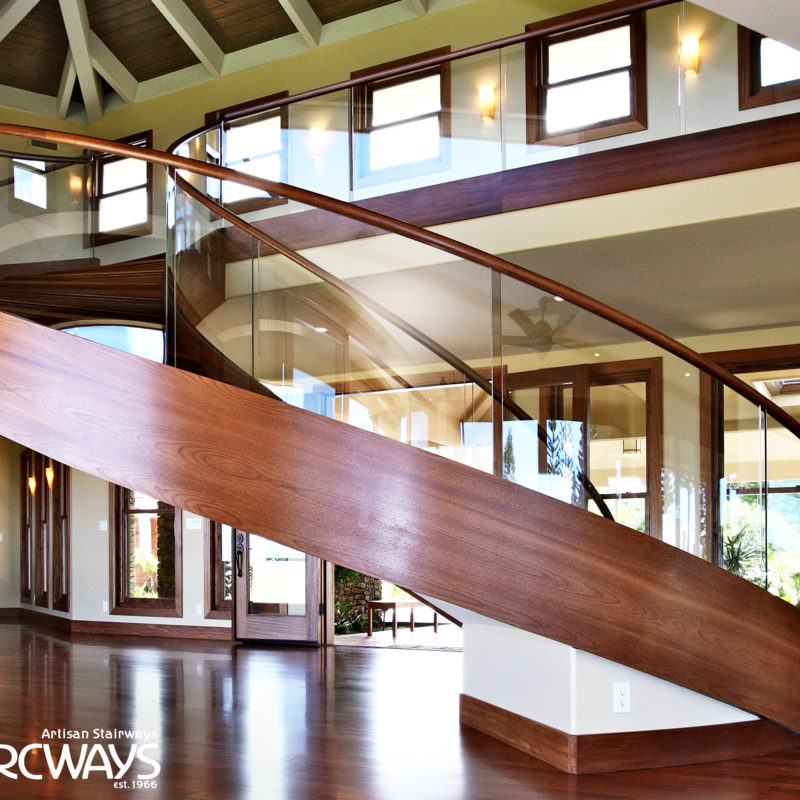 Modern Design Curved Floating Staircase With Glass Railings | Hawaii