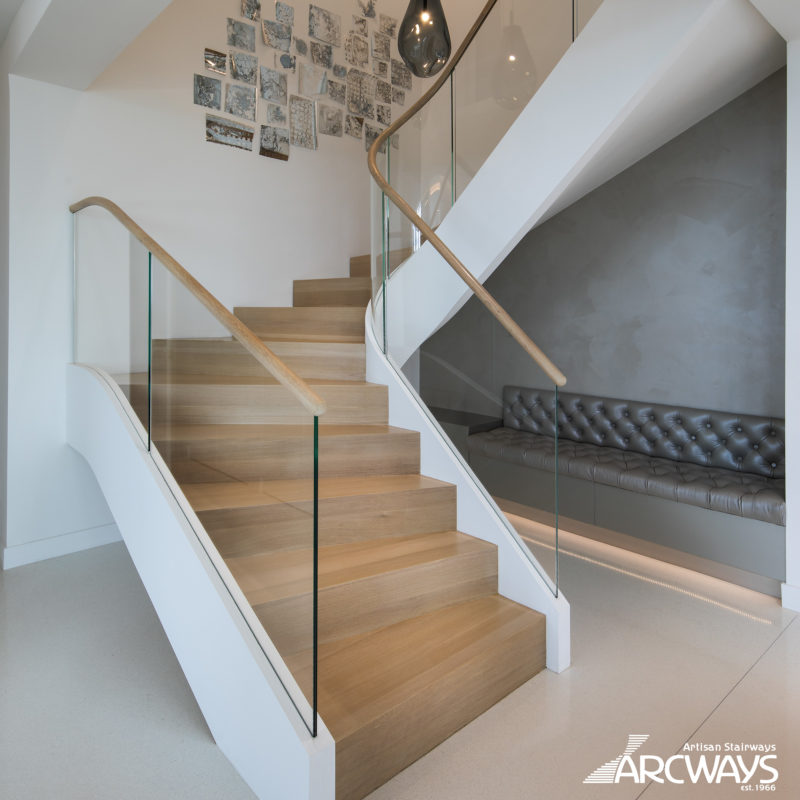 Modern Design Wood Curved Staircase with Glass Railings | Woodbridge, New Jersey