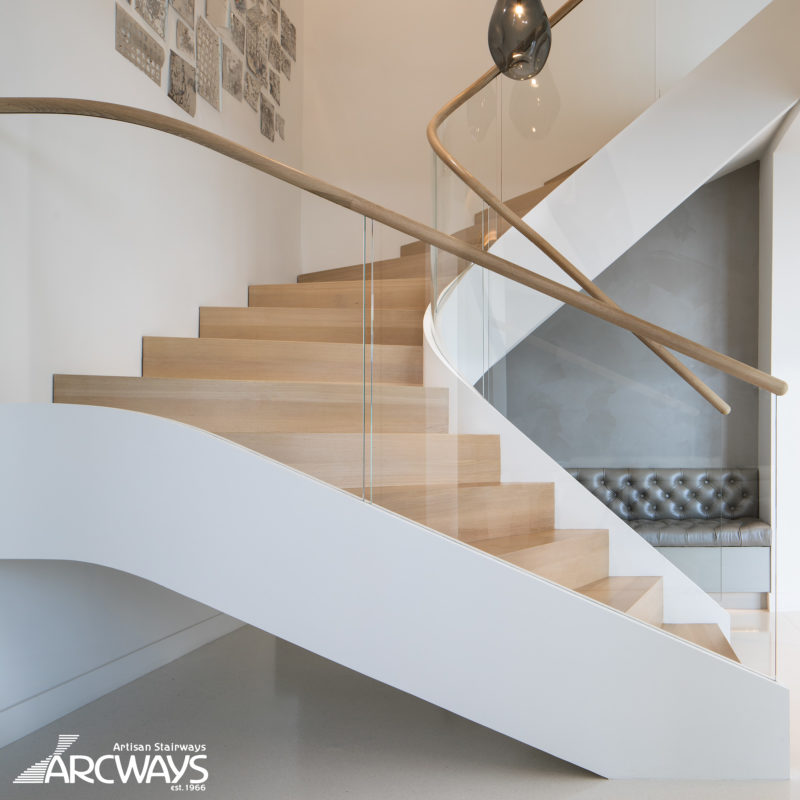 Modern Design Wood Curved Staircase with Glass Railings | Woodbridge, New Jersey