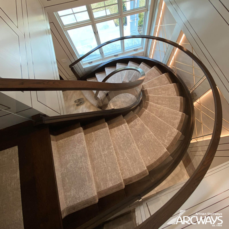 Modern Design Floating Curved Staircase in Rift Sawn White Oak With Glass Railings | Woodmere, NY