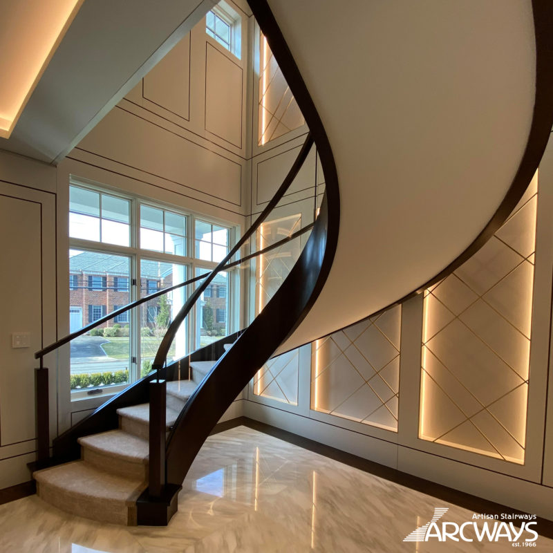 Modern Design Floating Curved Staircase in Rift Sawn White Oak With Glass Railings | Woodmere, NY