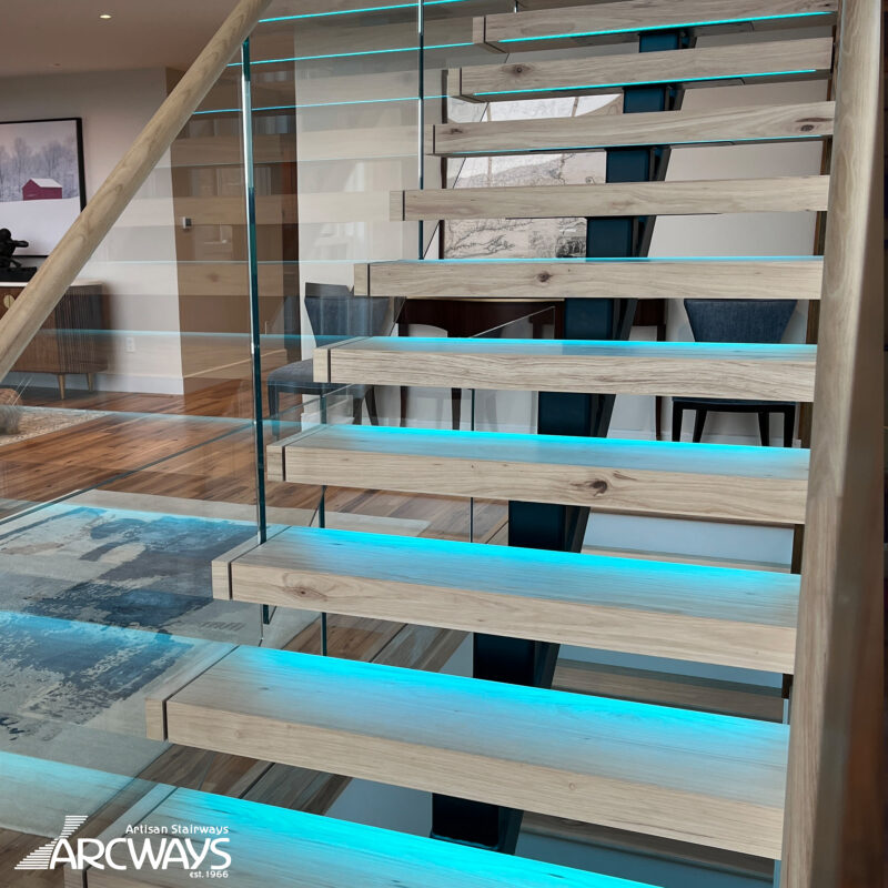 Arcways Modern Mono Beam Staircase in Hickory and Glass with Integrated Lighting