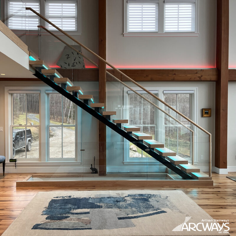 Arcways Modern Mono Beam Staircase in Hickory and Glass with Integrated Lighting
