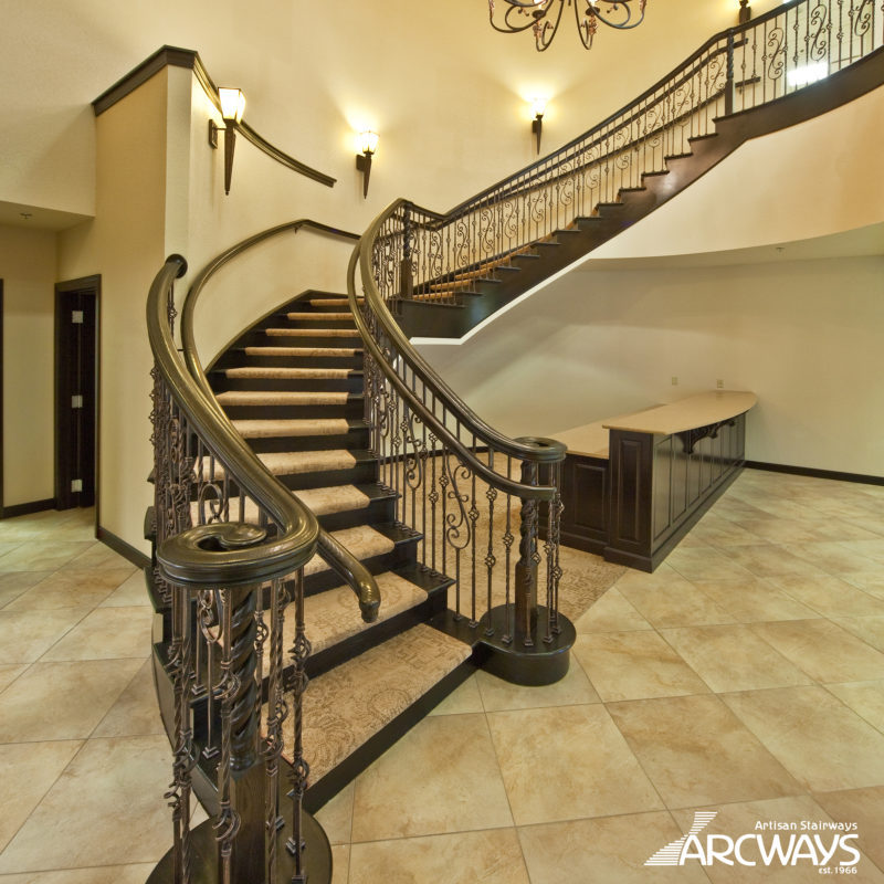 Classical Floating Commercial Curved Stair with Custom Iron Balustrade