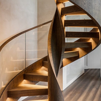 Contemporary Wood and Glass Helical Staircase in Glen Ellen, California